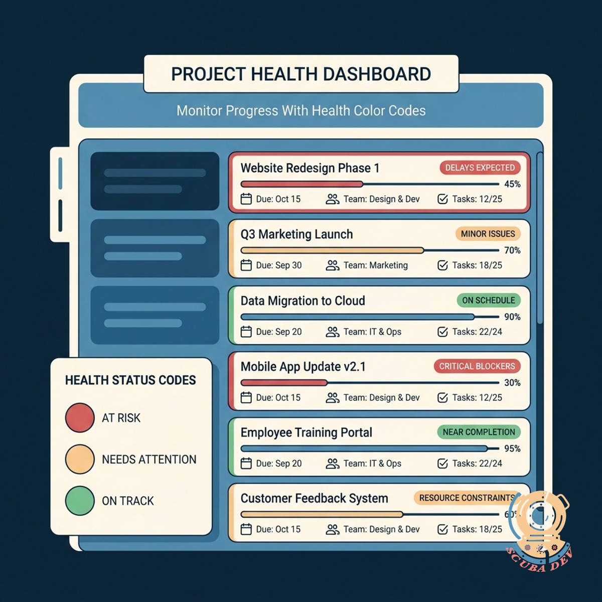 A list of active projects categorized by red, yellow, and green health status indicators.