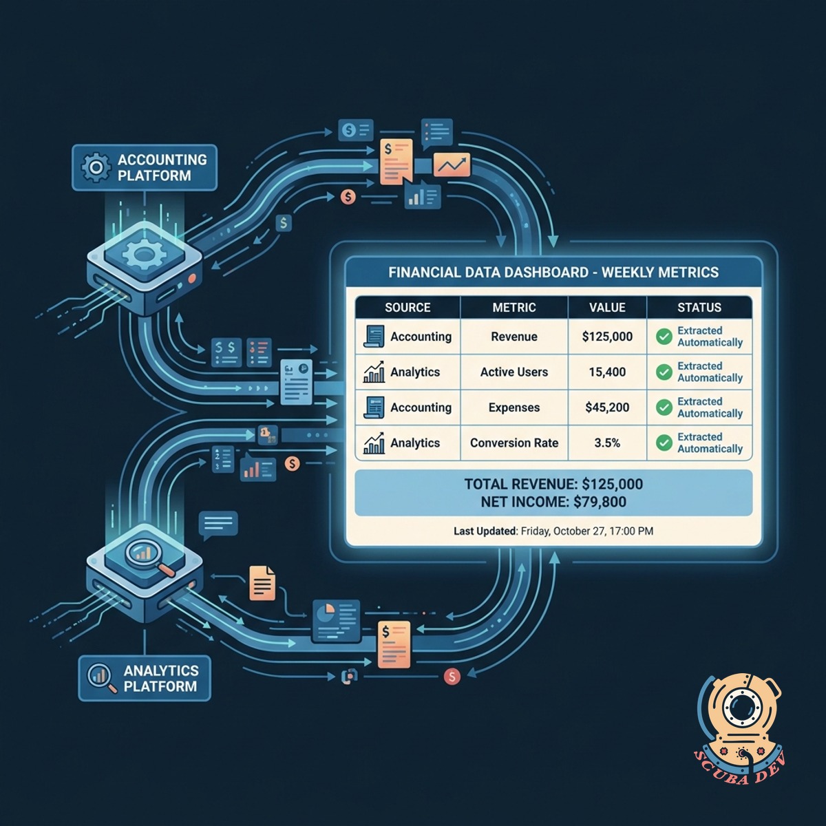 A diagram showing data flowing from Stripe and QuickBooks into a central reporting database.
