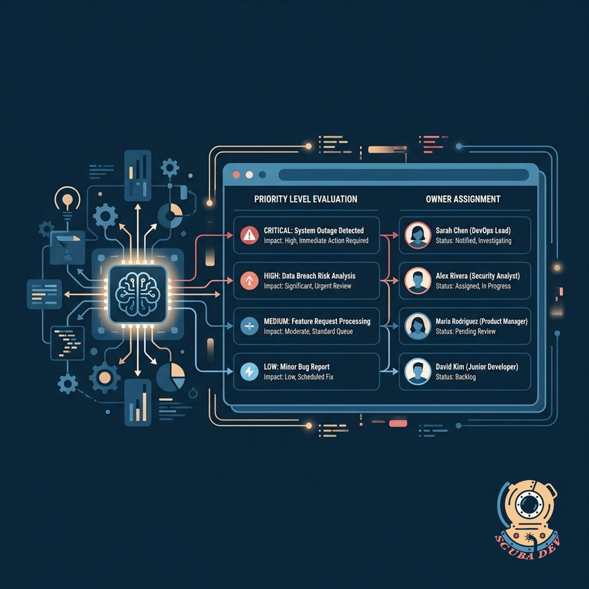 A logic flow highlighting a high priority tag being applied to a server outage request and assigned to the engineering lead.