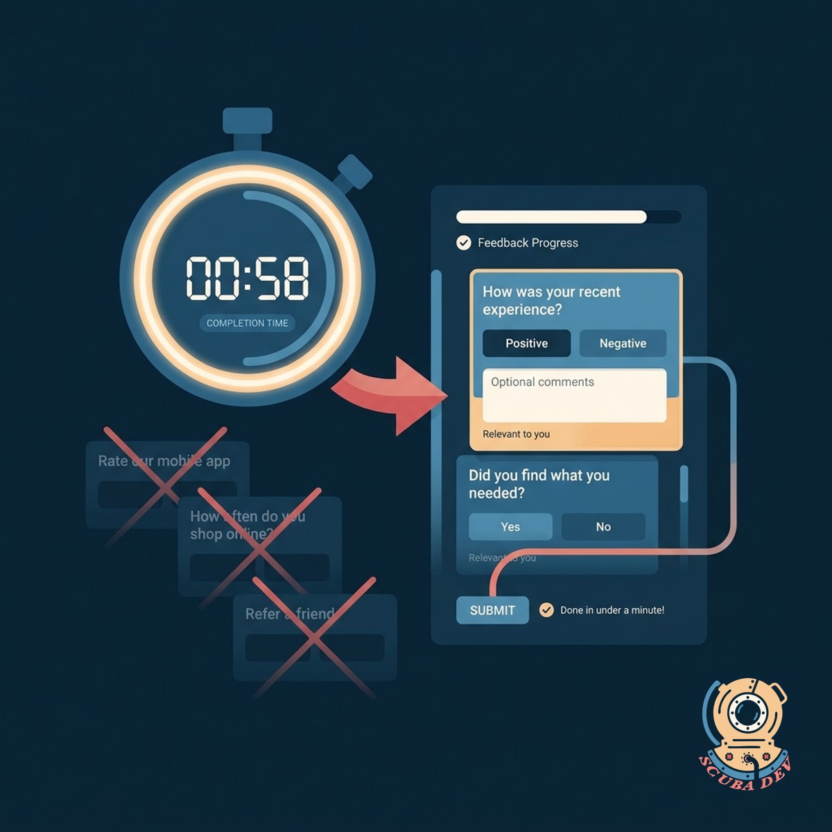 A stopwatch icon next to a completed digital form with a green checkmark indicating a fast submission.