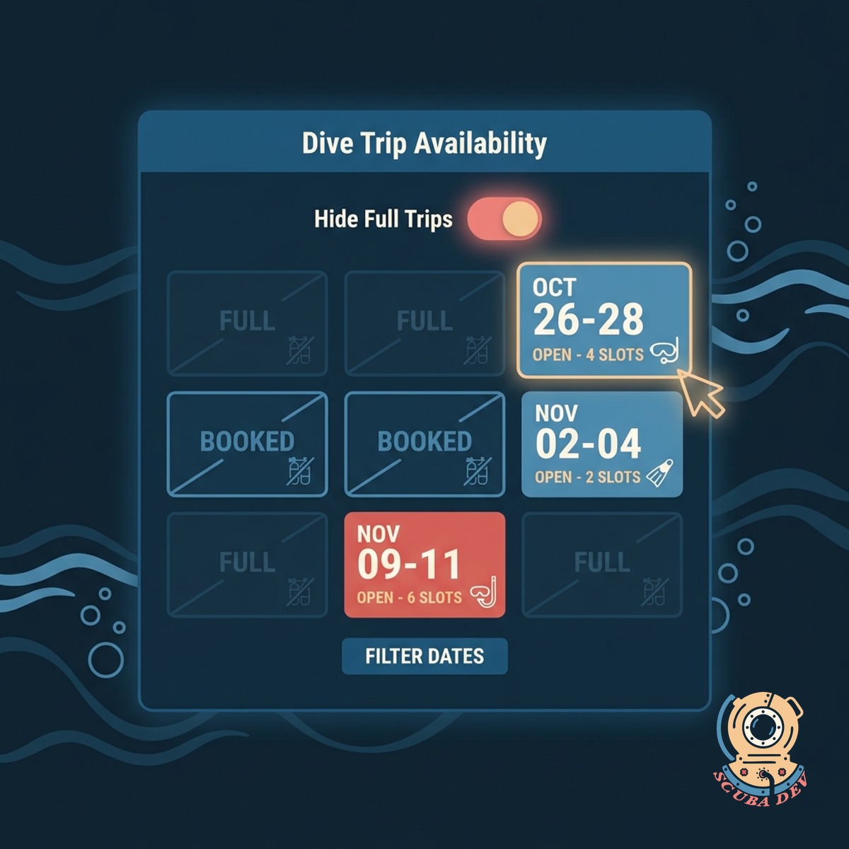 A user interface showing a date picker where full sessions are disabled and open slots are clearly highlighted.