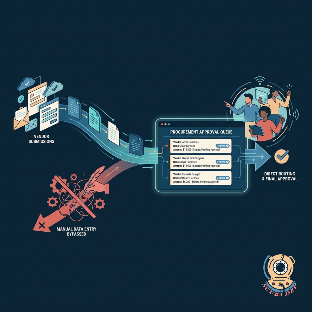 A workflow automation board showing an approved vendor profile moving automatically from the intake queue to the procurement approval stage.