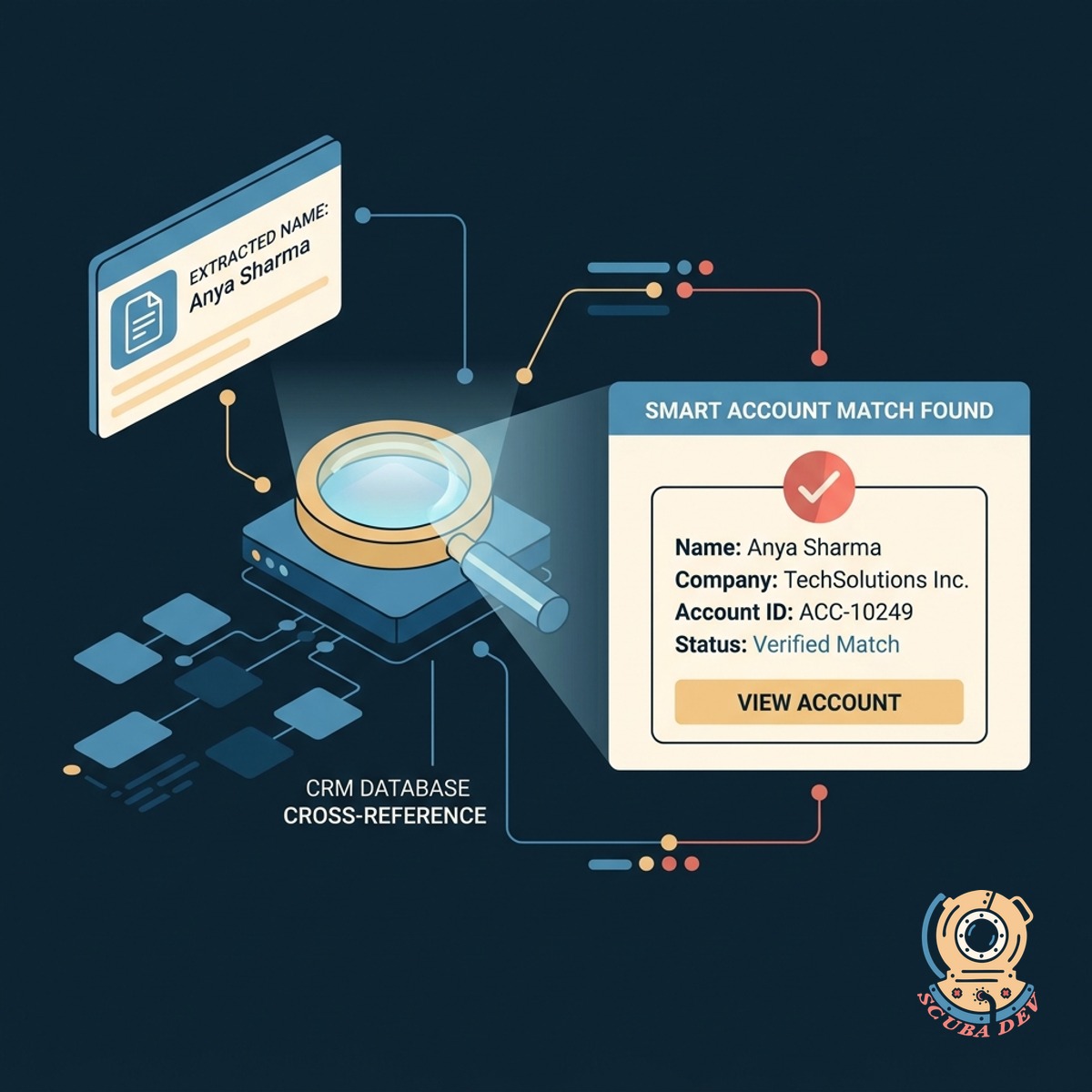 A visual representation of a data query matching a Slack text snippet to a verified Salesforce account record.
