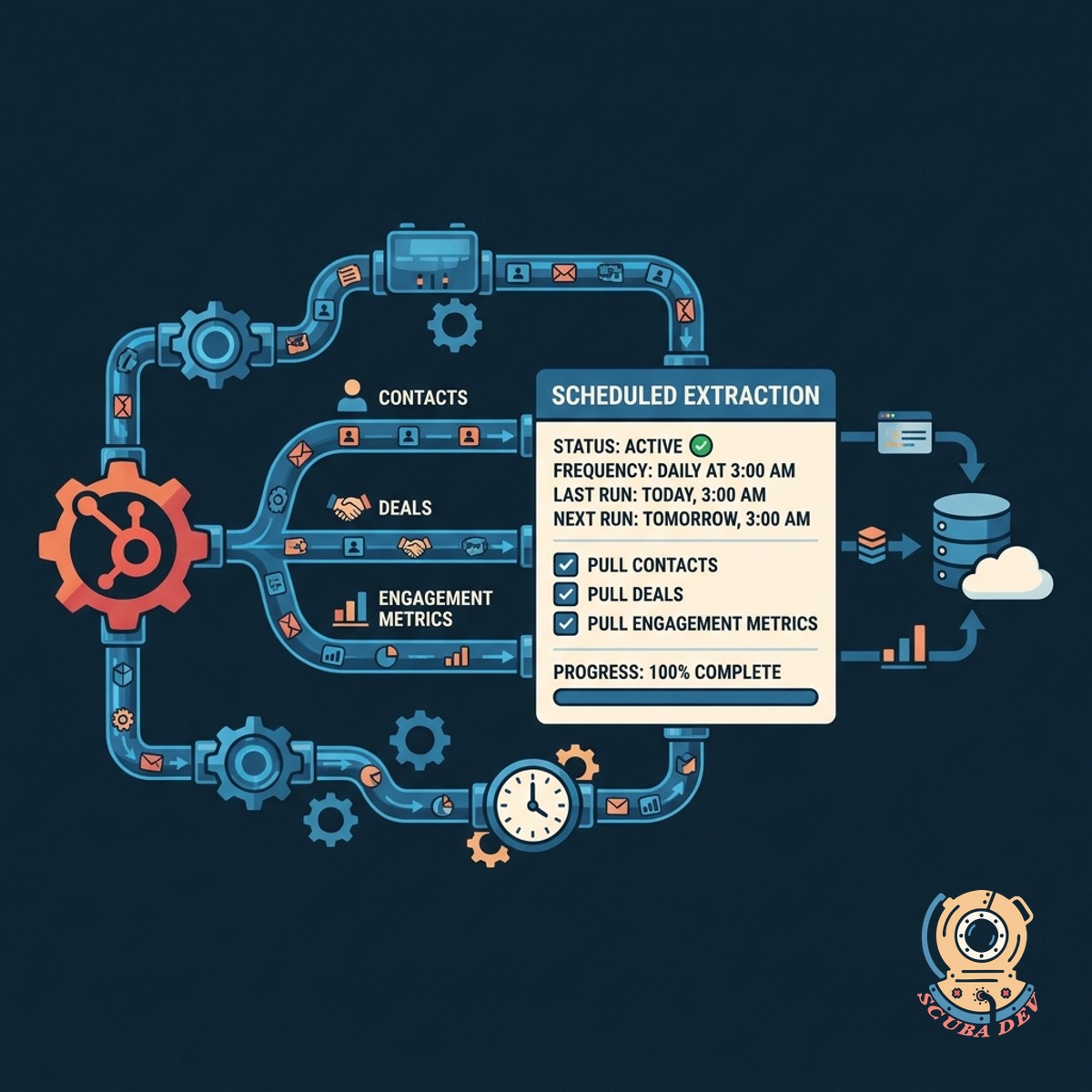 Flowchart showing HubSpot API endpoints connecting to a data extraction module that runs on a timed schedule to pull contacts and deals.