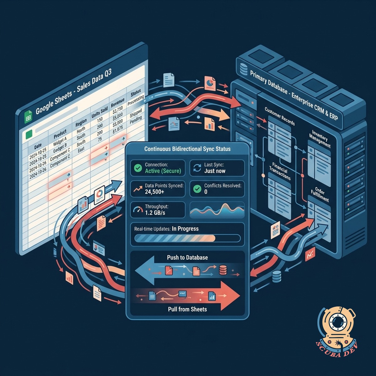 A diagram showing data flowing back and forth between a Google Sheets interface and a central database server.