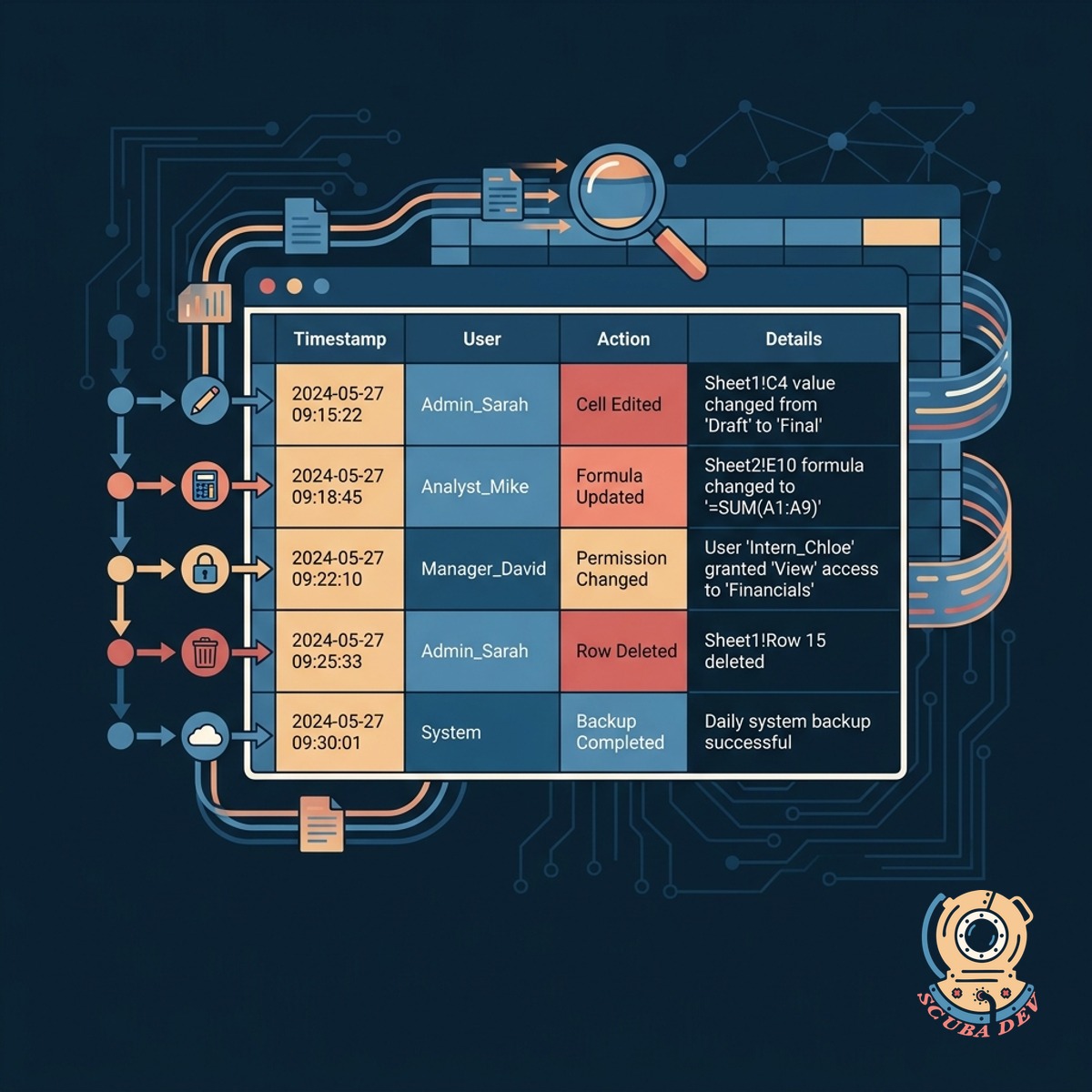 A chronological log interface displaying user names, timestamps, and specific cell changes made via the Sheets bridge.