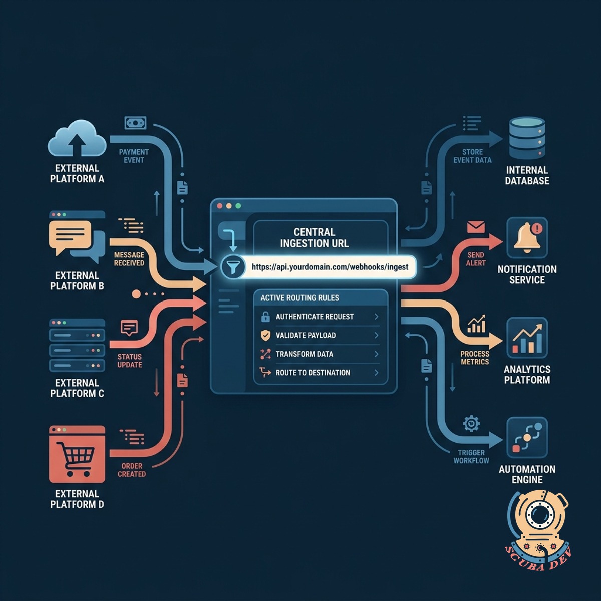 Diagram illustrating multiple software applications sending data payloads to a single unified API endpoint.