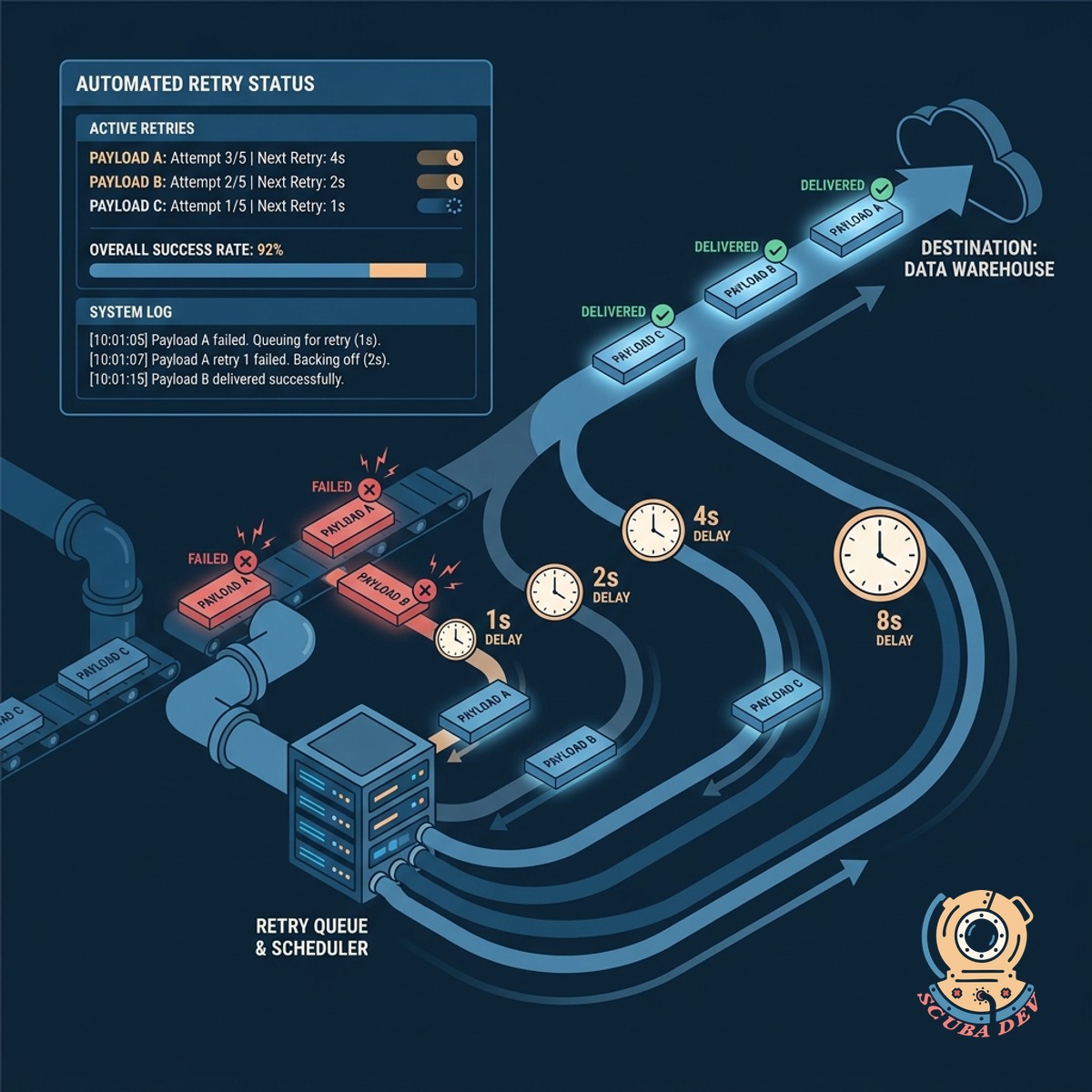 Flowchart displaying a failed data transfer attempt entering a queue and retrying successfully after a time delay.