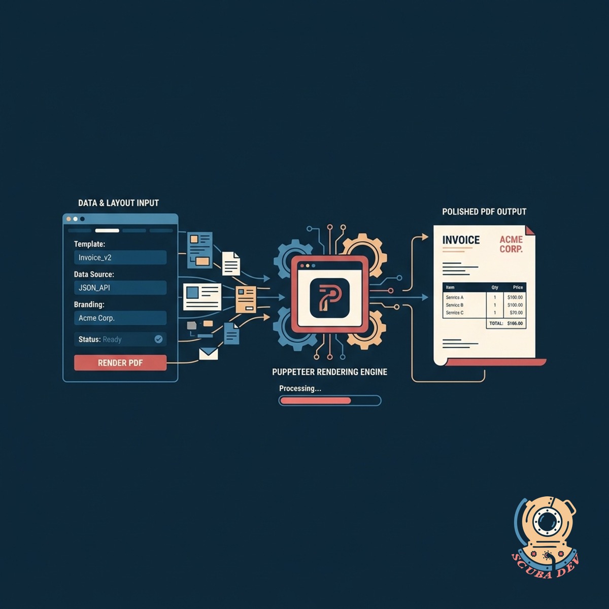 A digital rendering engine converting an HTML web layout into a finalized PDF document complete with custom corporate branding and typography.