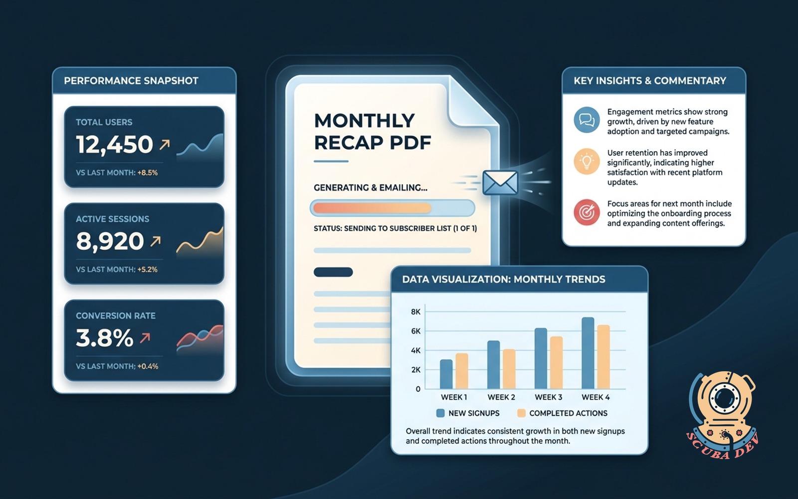 A clean branded monthly recap PDF document displaying a central data chart, key performance numbers, and a brief commentary section, ready to be emailed to subscribers.