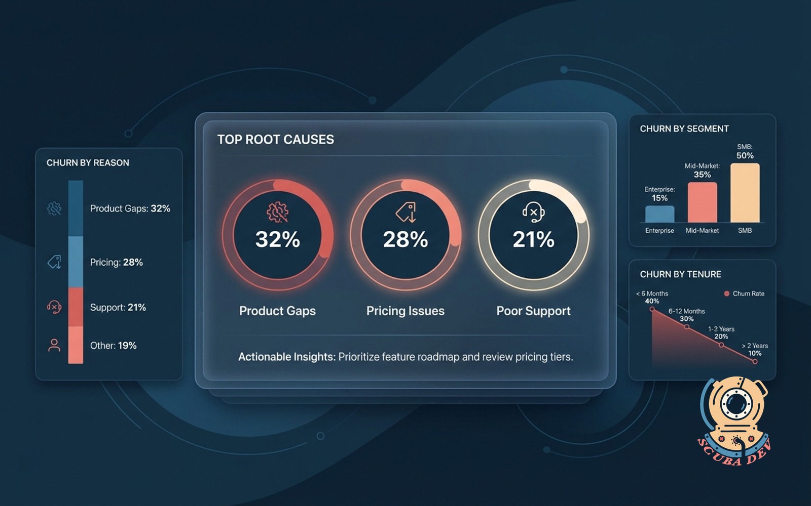 A dashboard displaying a monthly churn retrospective, highlighting customer loss grouped by reason, segment, and tenure alongside the top three root causes with supporting data.
