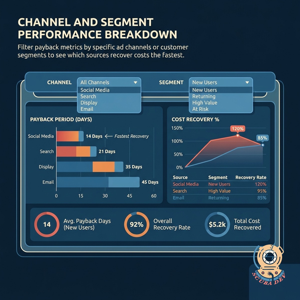Bar chart comparing the number of months required to recover customer acquisition costs across different marketing channels.