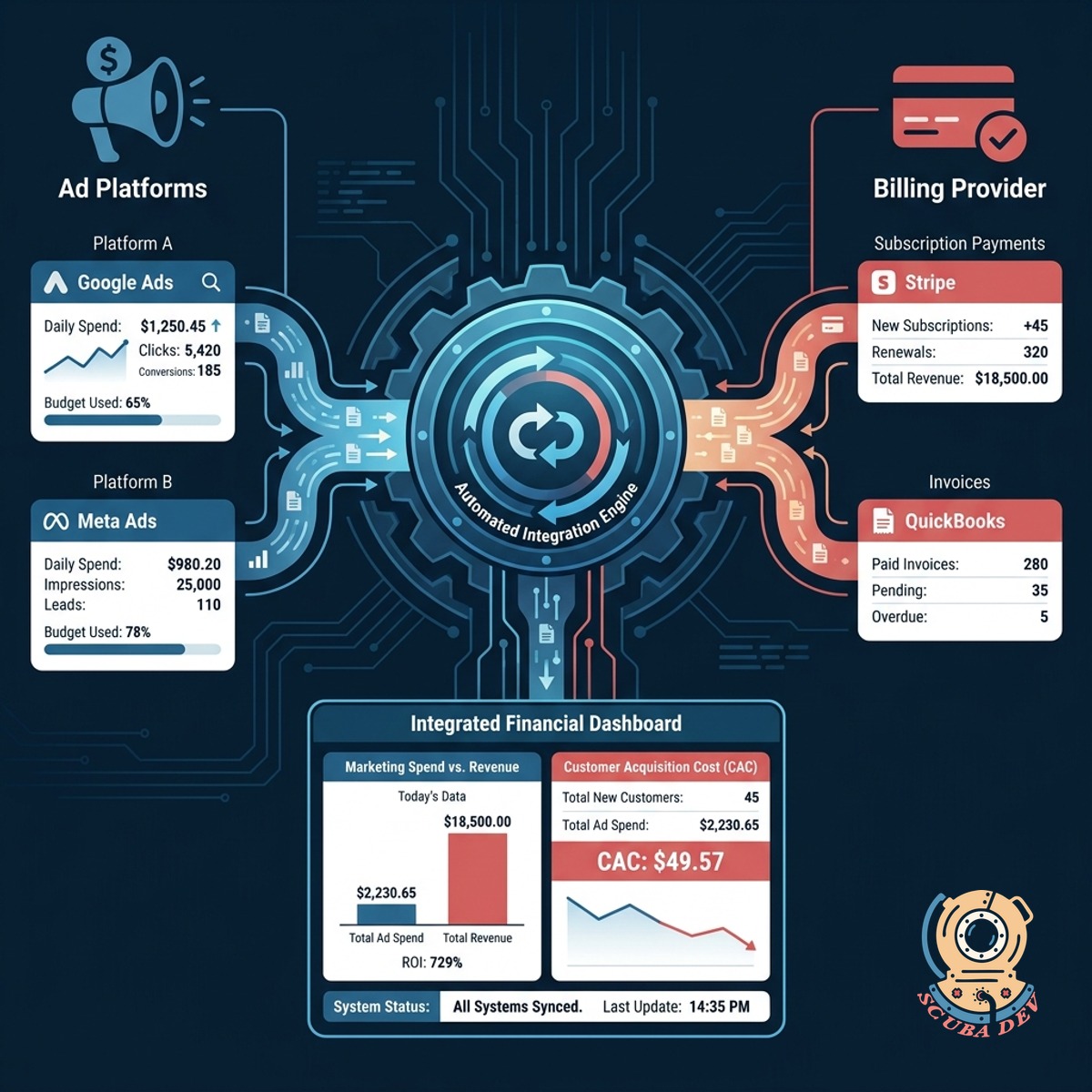 Diagram showing data flowing from Google Ads and Stripe into a centralized data warehouse for payback calculation.