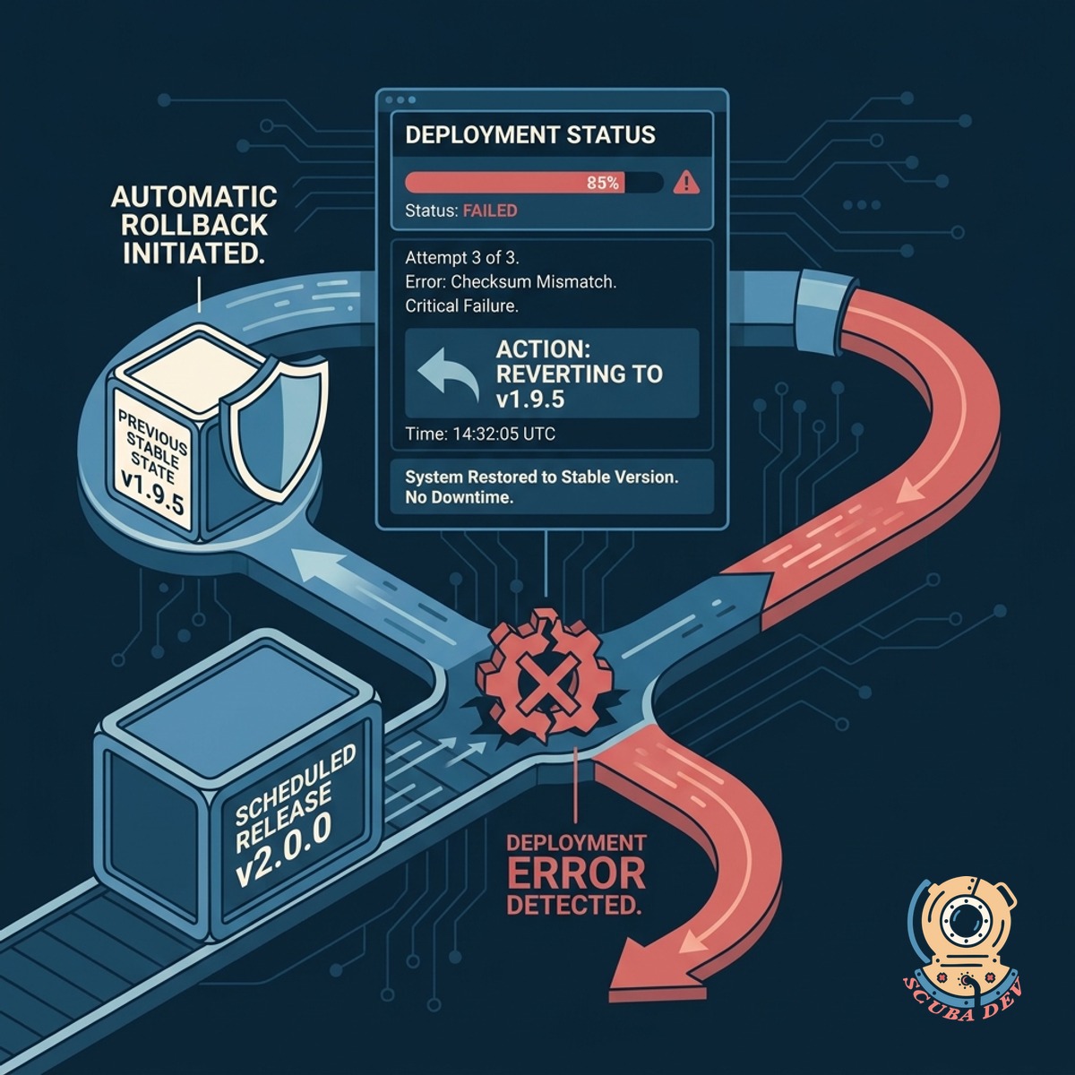 A diagram showing a failed deployment process automatically reversing course to restore the previous stable version.