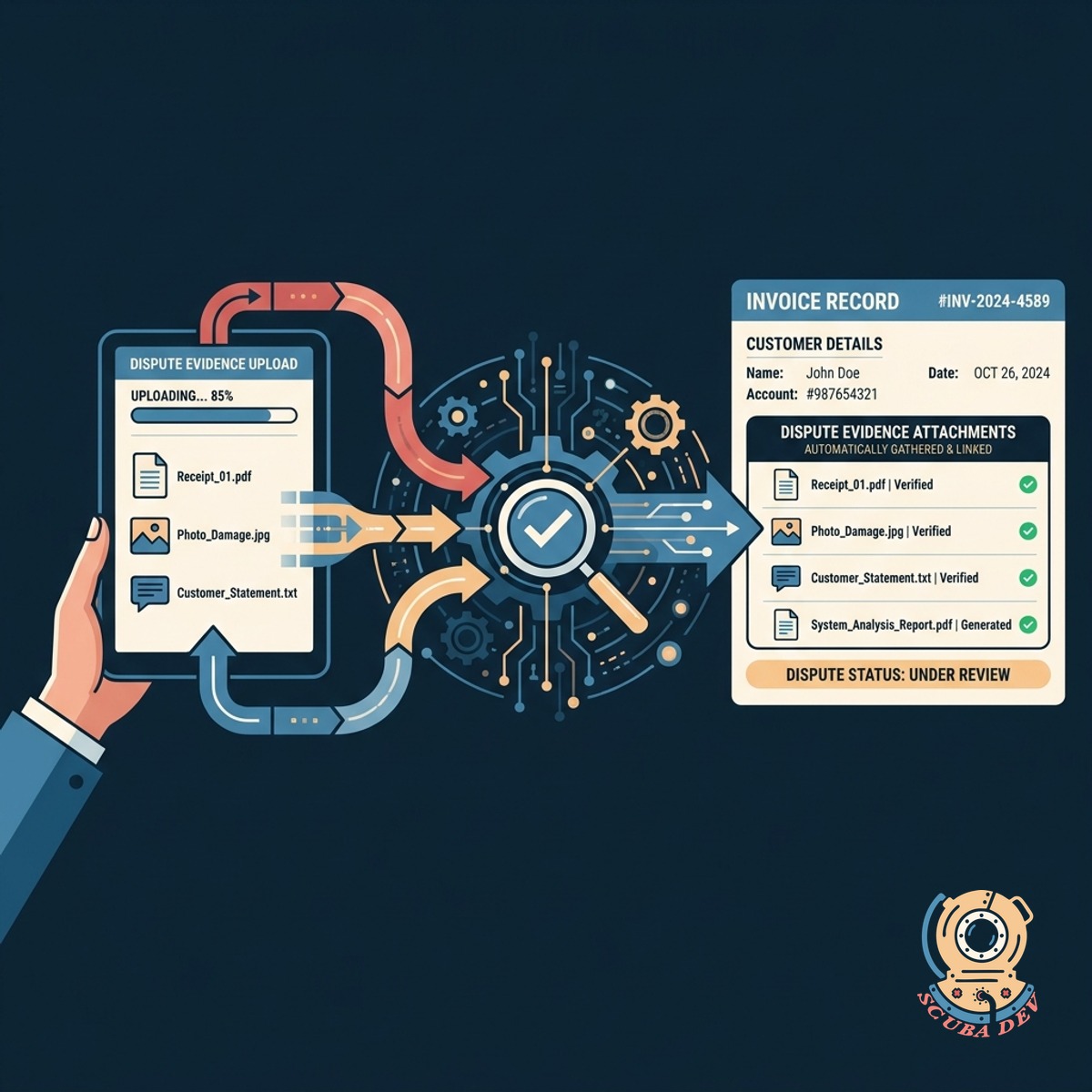 A digital form collecting customer dispute details and automatically linking them to a central billing record.