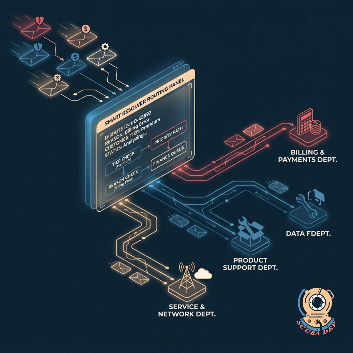 A workflow diagram showing an incoming dispute being routed to specific team members based on rules.