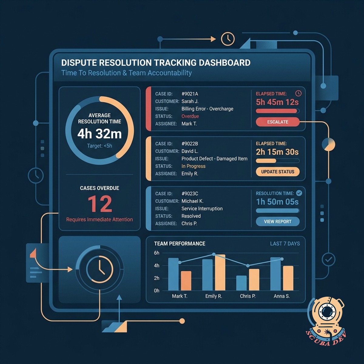 A dashboard displaying resolution timers and status updates for active invoice disputes.