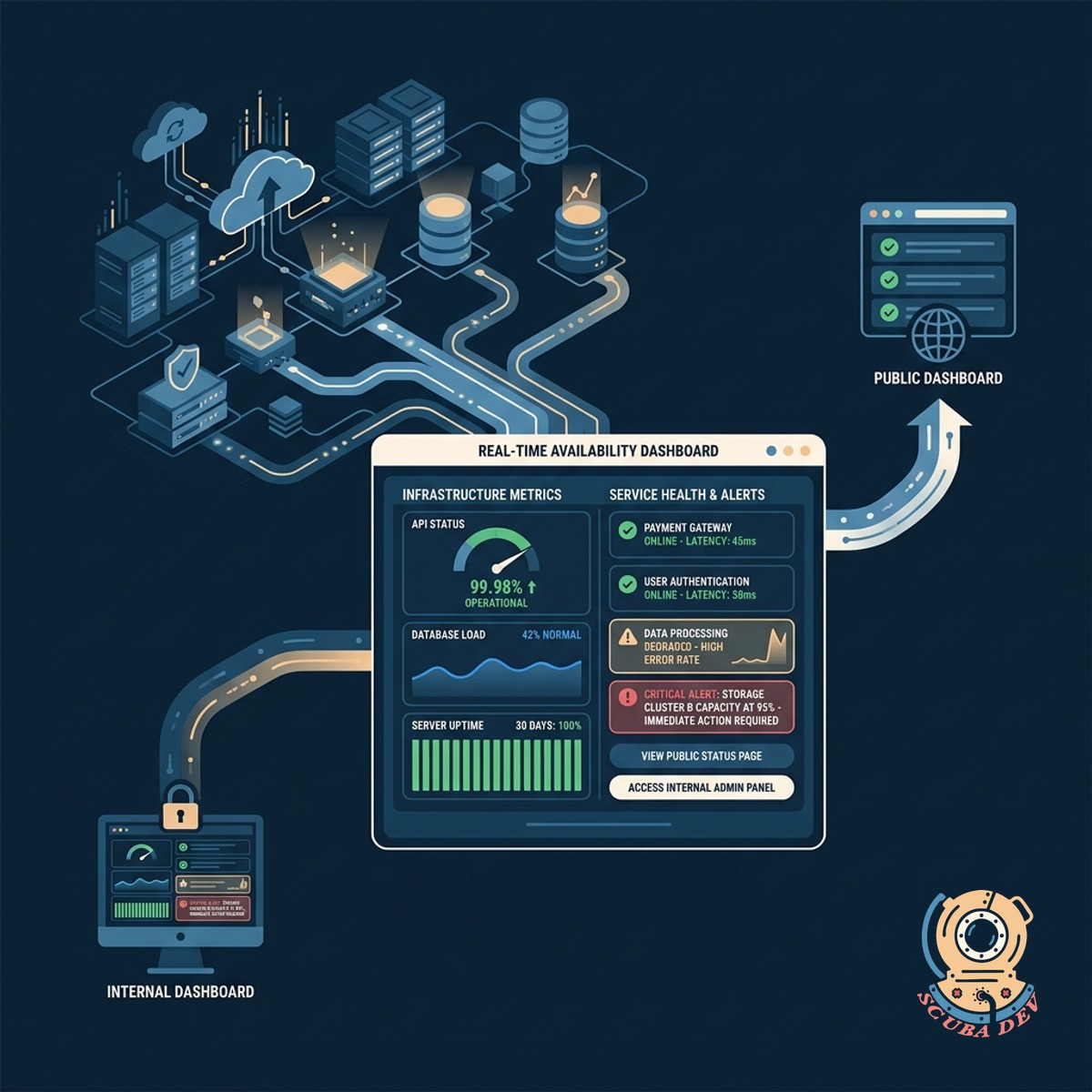 A gauge icon alongside a list of cloud services showing green operational status indicators.