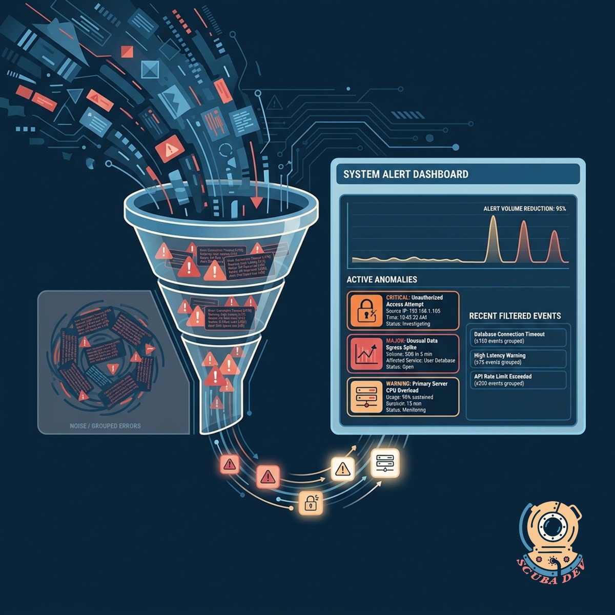 A funnel graphic showing many small error dots combining into a single clear alert notification.