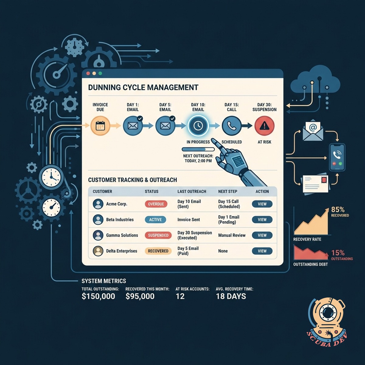 A timeline graphic illustrating a sequence of automated billing retry attempts and synchronized customer emails.
