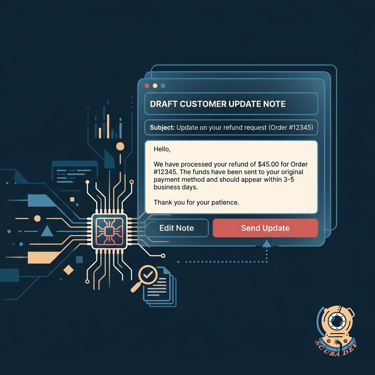 An automated email template being populated with refund confirmation details.