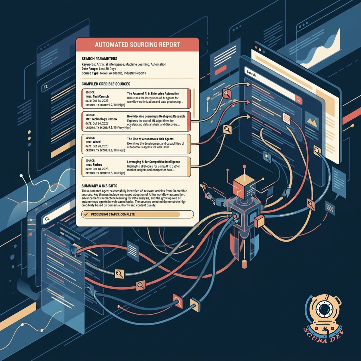 A magnifying glass hovering over a grid of web browser windows with a checklist of approved links.