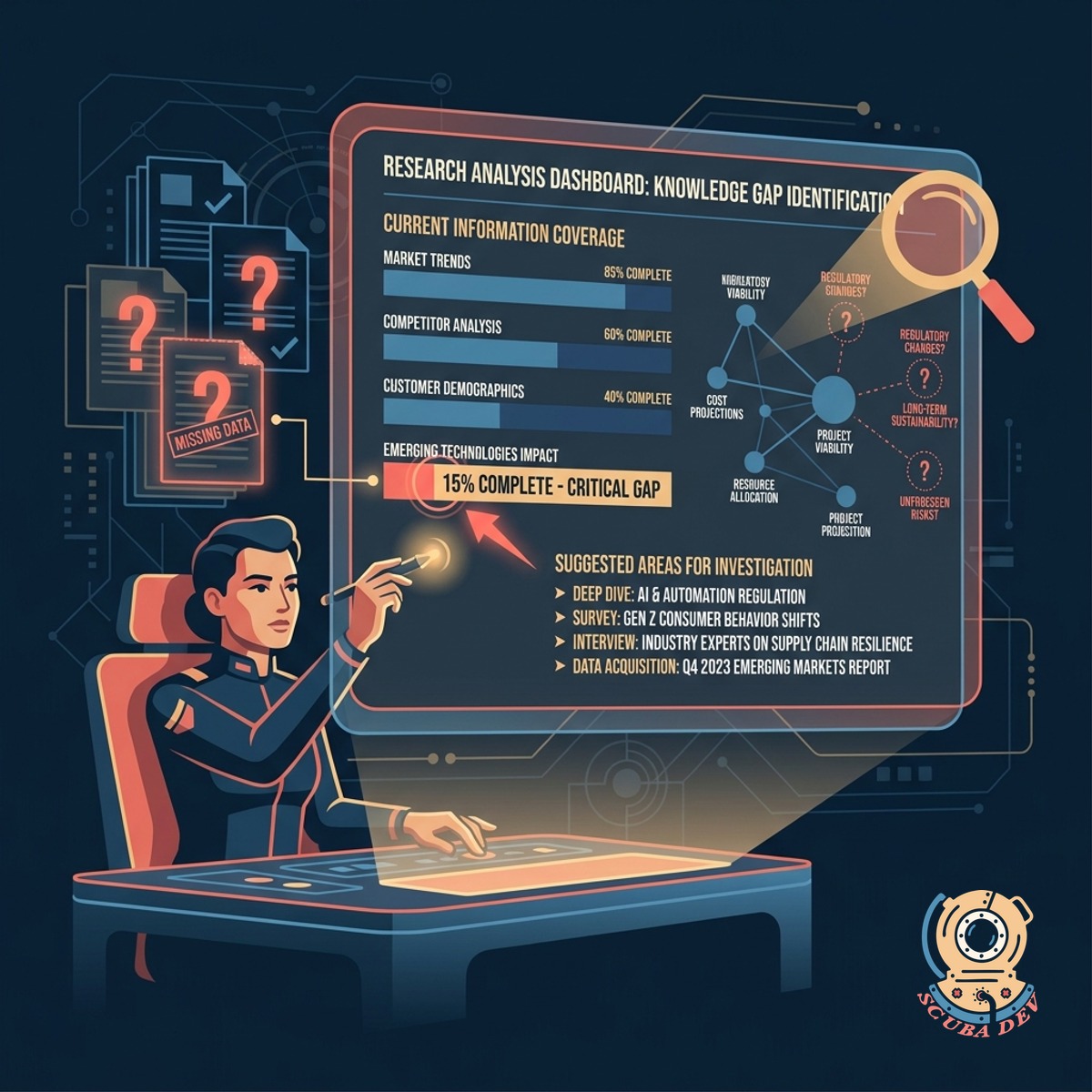 A puzzle with one missing piece next to a list of questions with checkboxes.