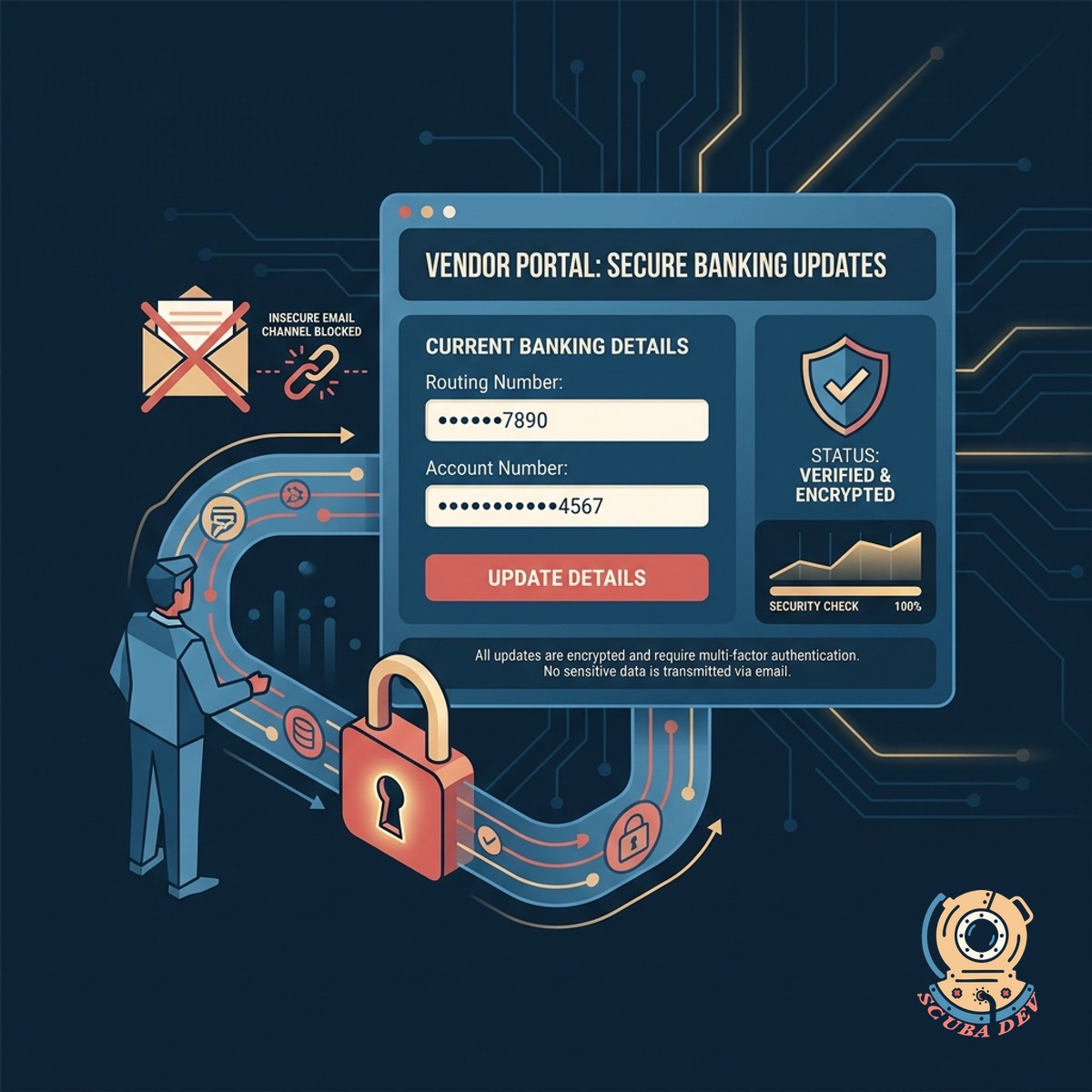 A secure form interface where a user enters bank routing and account numbers protected by a padlock icon.