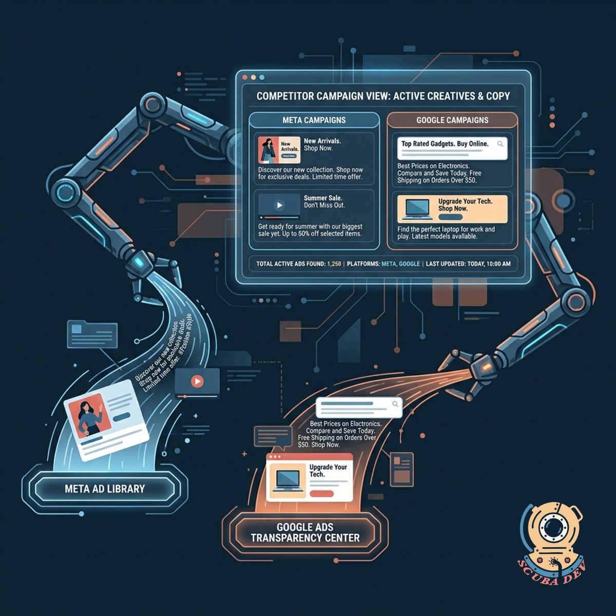 A robotic arm pulling digital ad cards from a large database and placing them onto a conveyor belt for analysis.