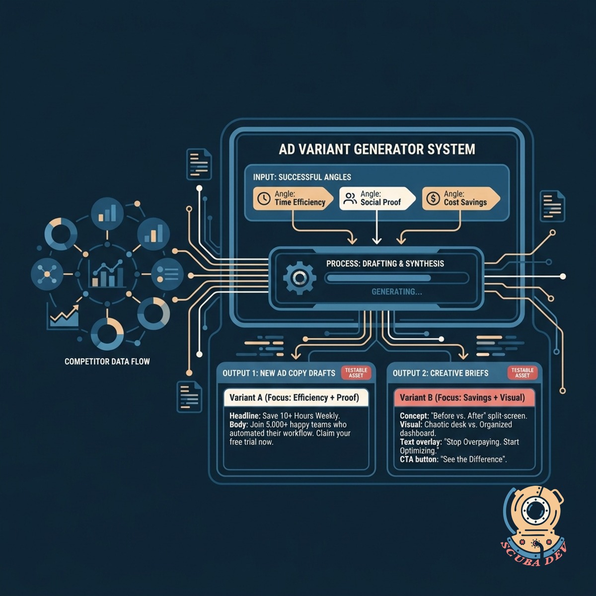 A blueprint showing new ad concepts being generated from a central hub of analyzed competitor data.