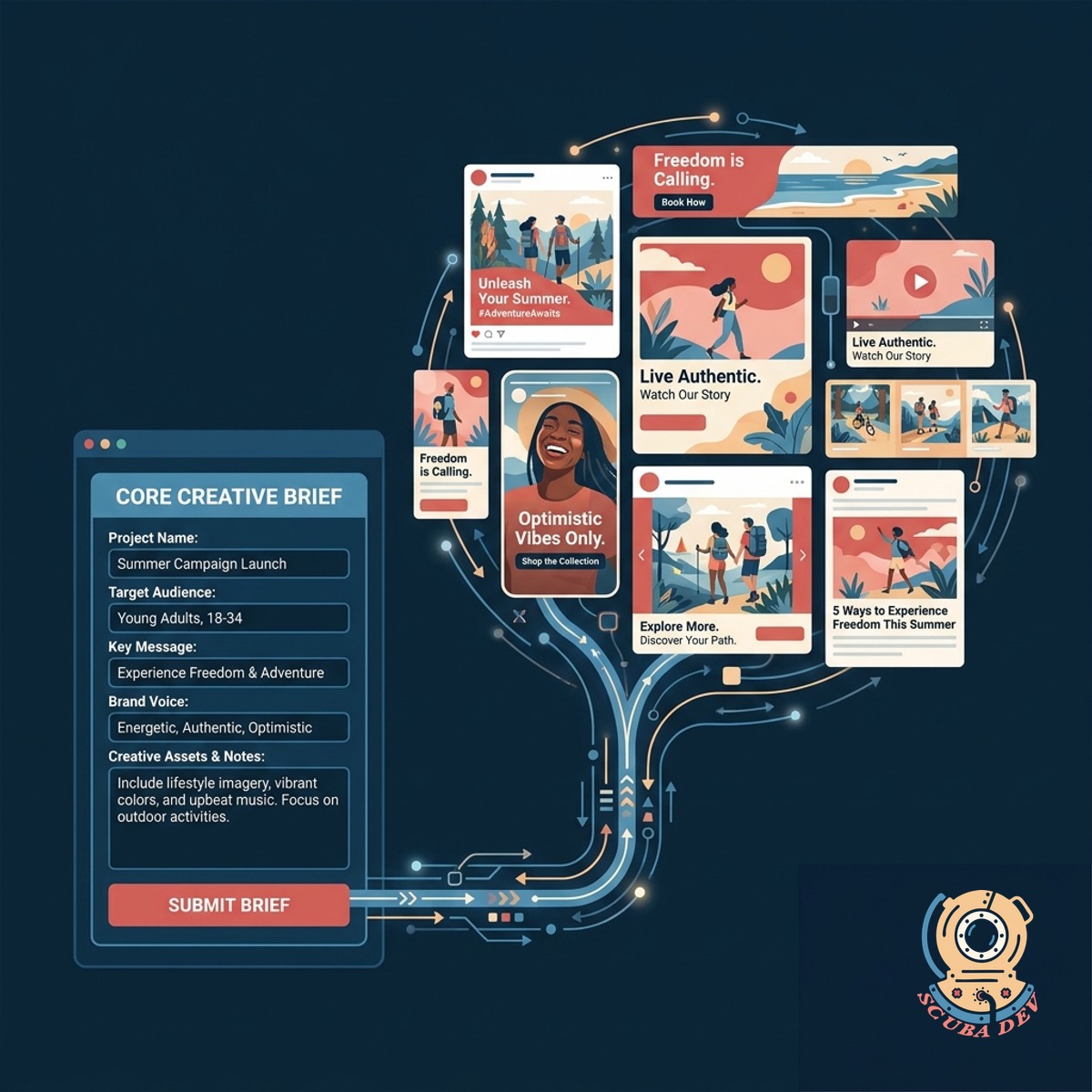 A user interface showing a master creative brief generating several different ad designs simultaneously.