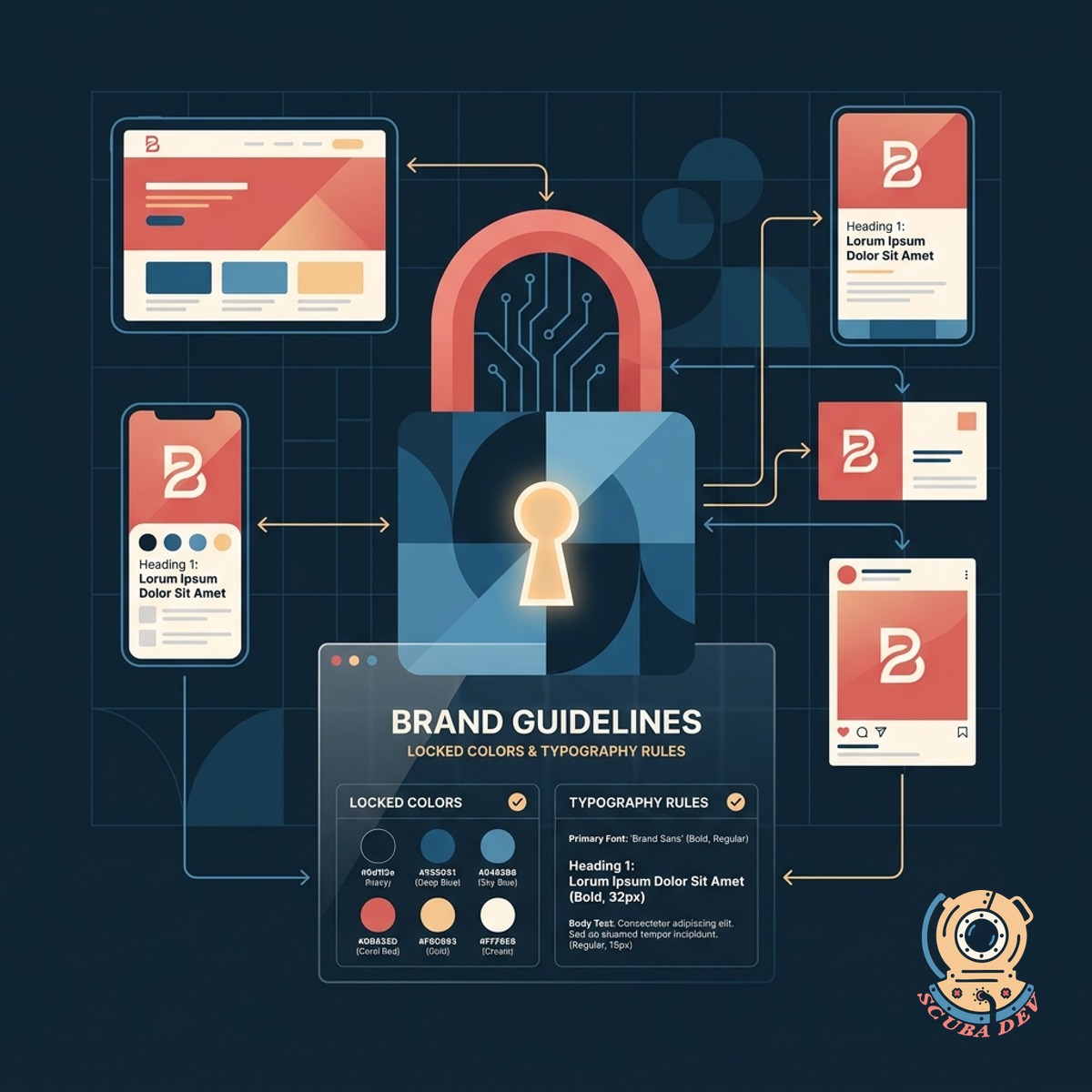 A design system panel showing locked colors and fonts applied consistently across multiple ad layouts.
