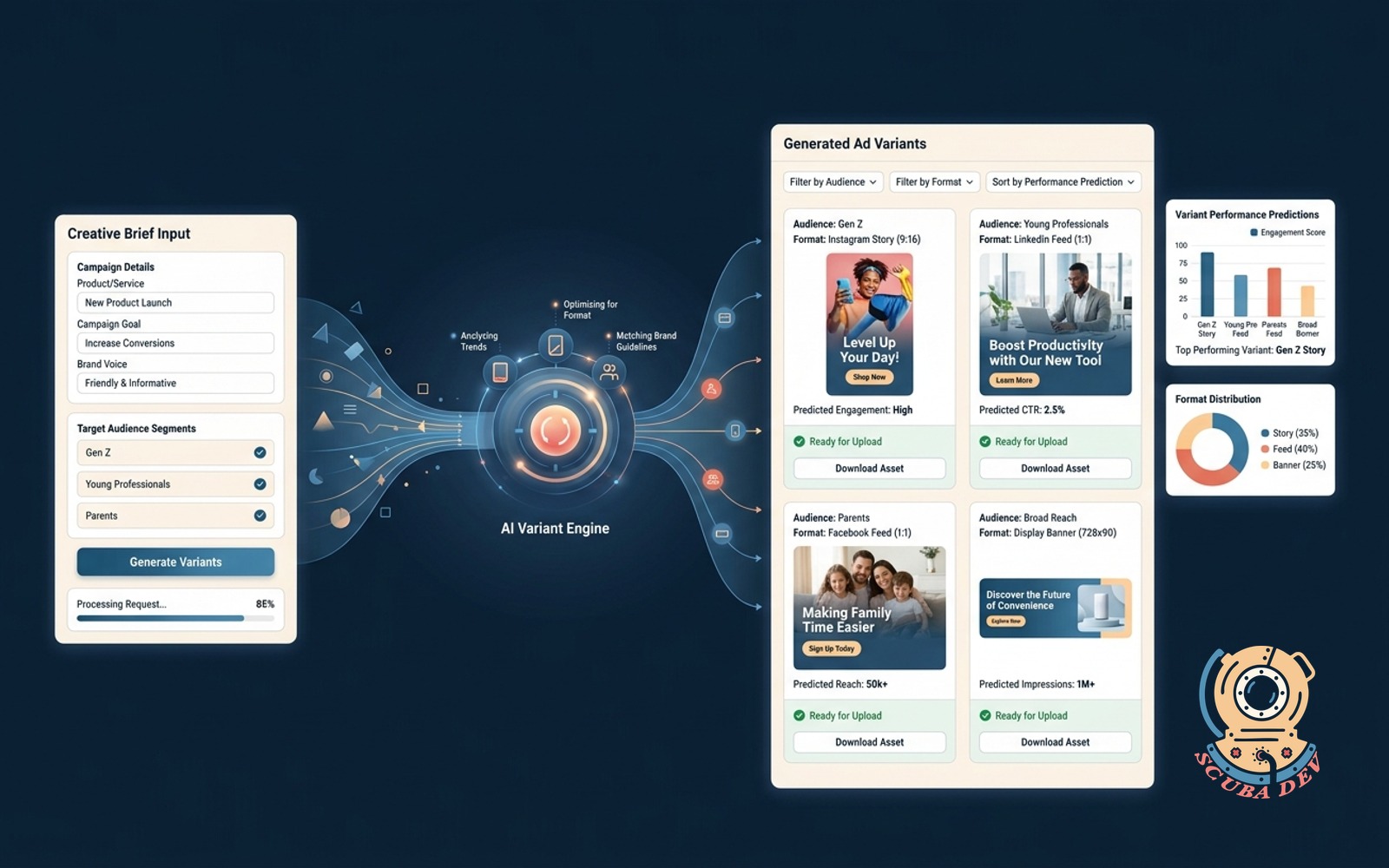 A digital illustration showing a single creative brief document transforming into multiple distinct ad layouts, neatly organized by social media platform and target audience.