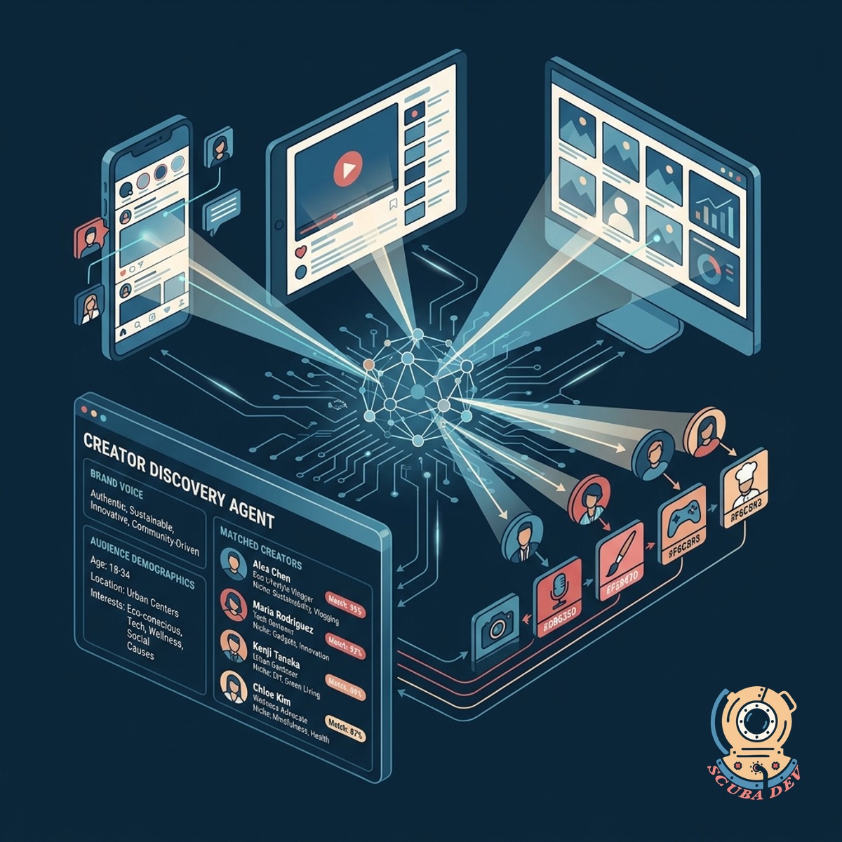 A radar interface highlighting specific user profiles that match target criteria from a large pool of social media accounts.