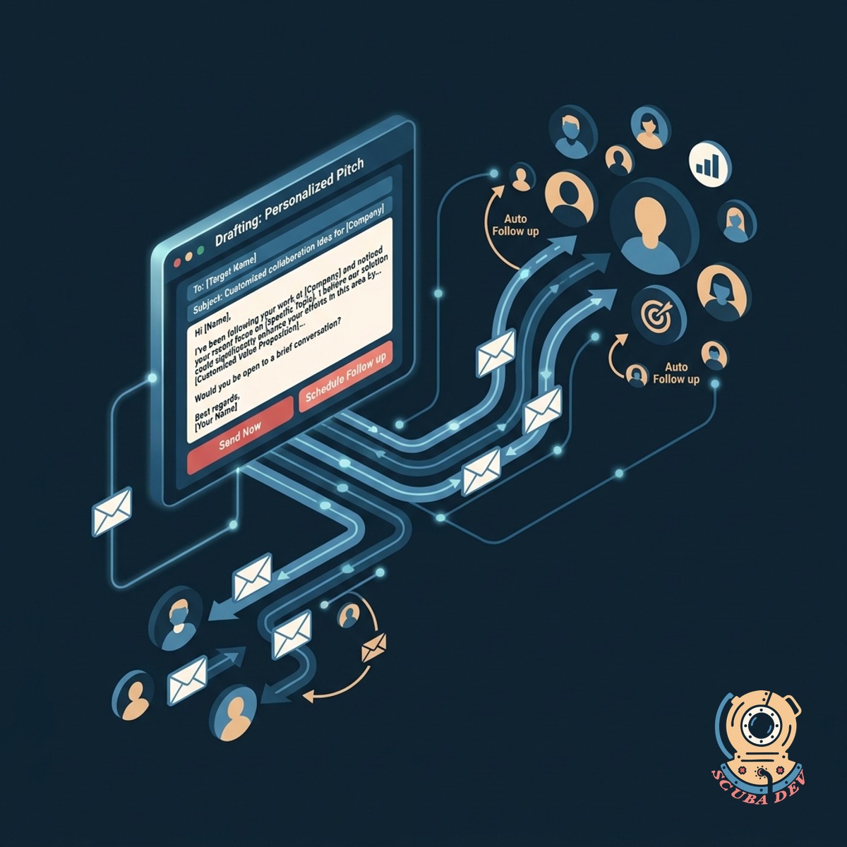 An automated email sequence interface showing personalized messages being sent to multiple creator profiles.