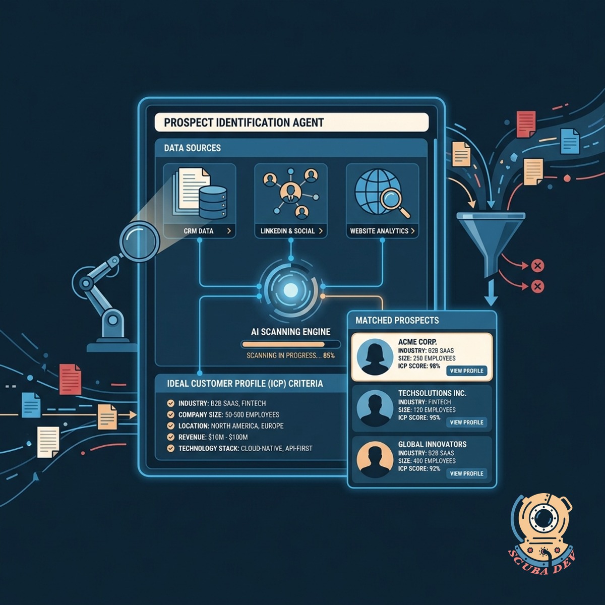 A magnifying glass hovering over a digital grid of user profiles, highlighting the specific accounts that match the defined firmographic criteria.