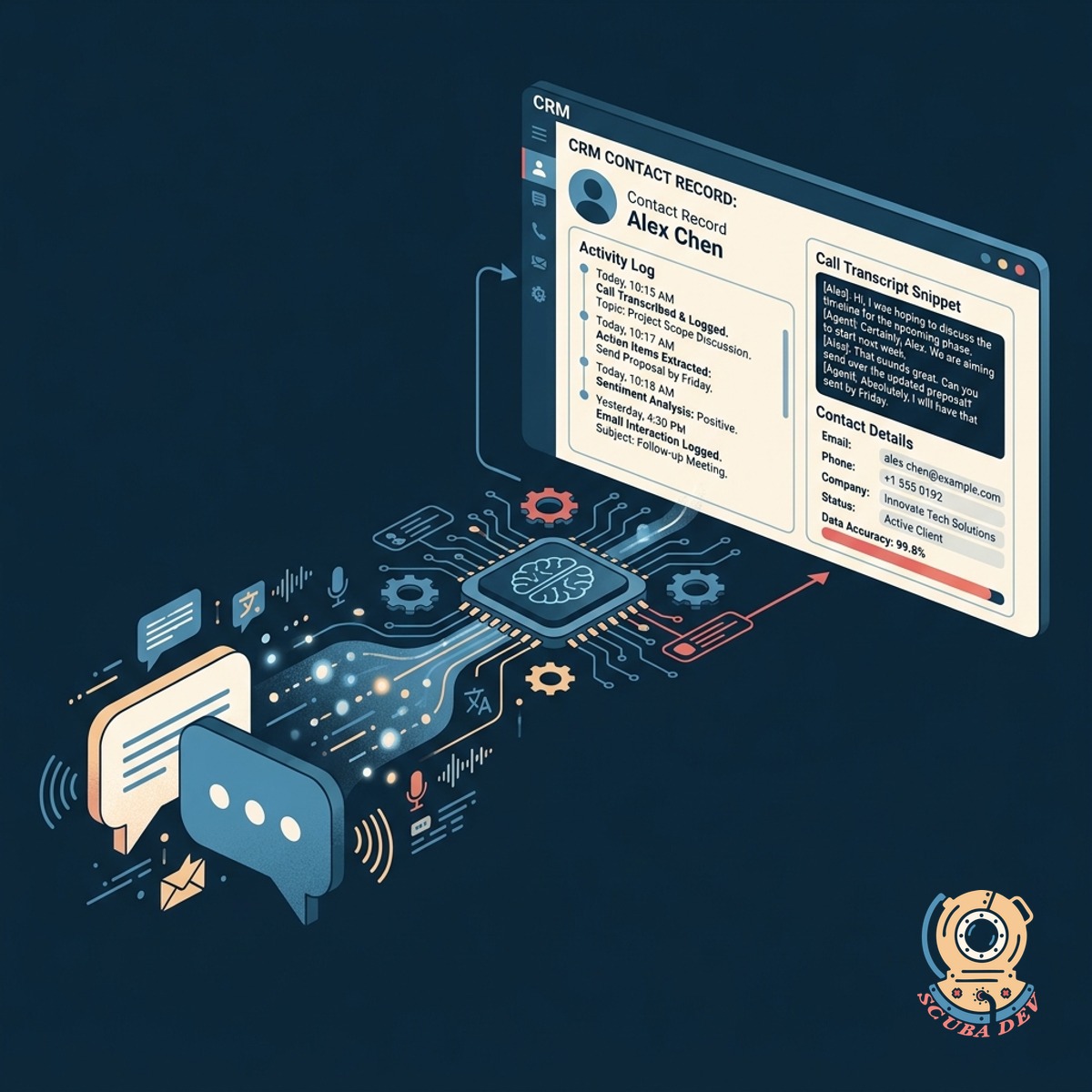 A database icon receiving text transcripts and contact details from a phone call.