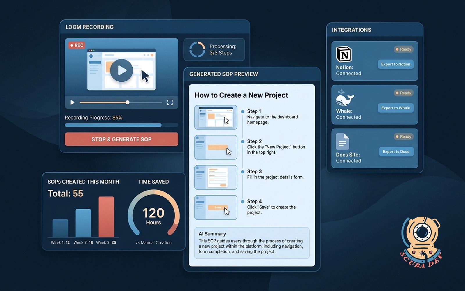 An illustration showing a video player interface transforming into a structured text document with screenshots and formatting ready for export to Notion or Whale.