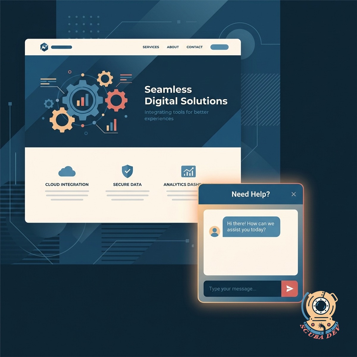 A configuration panel showing options to change the widget color, logo, and welcome message to match a specific website design.