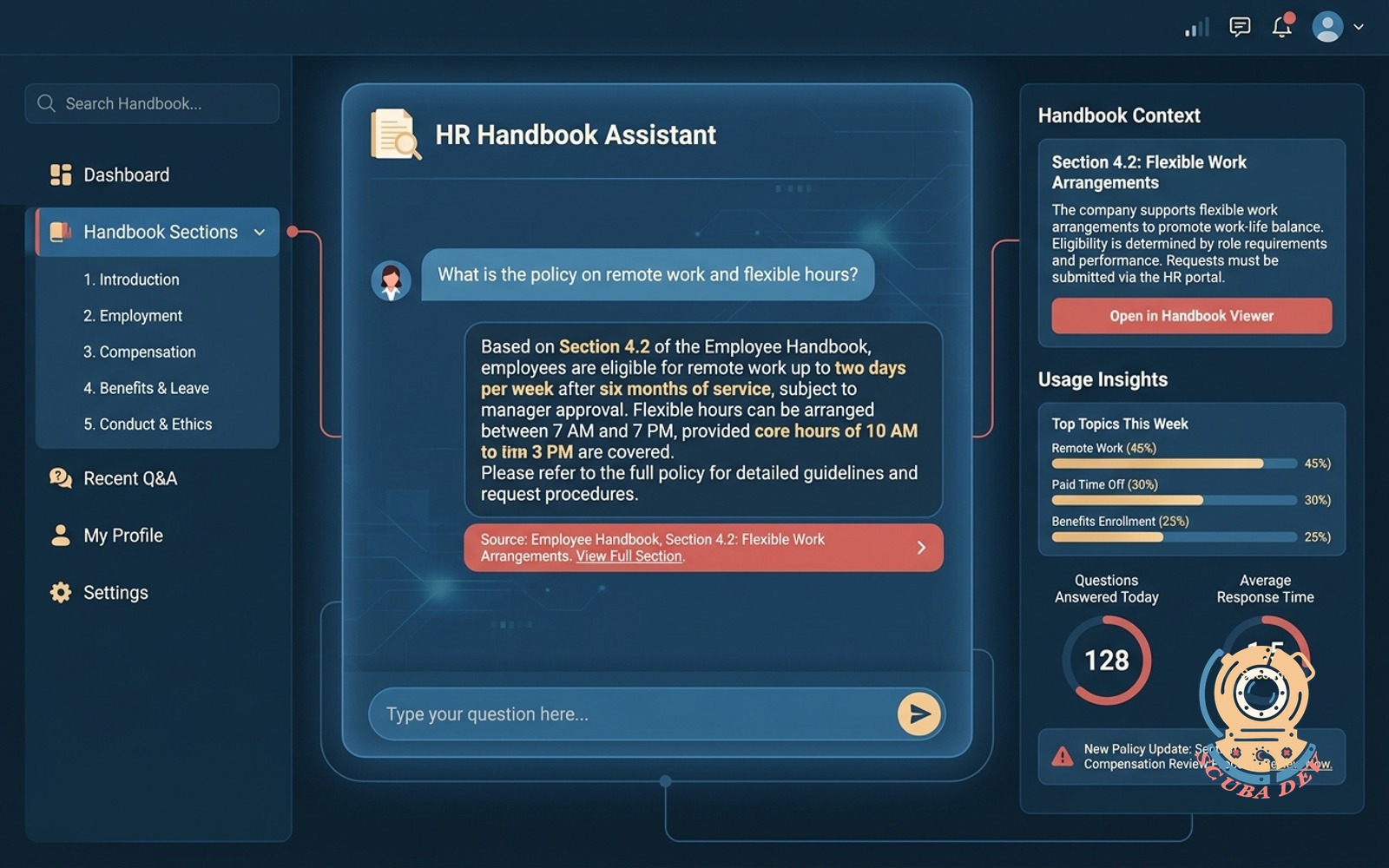 An employee using a chat interface on their computer screen to ask a question about company policy and receiving an answer with a direct citation to the employee handbook.