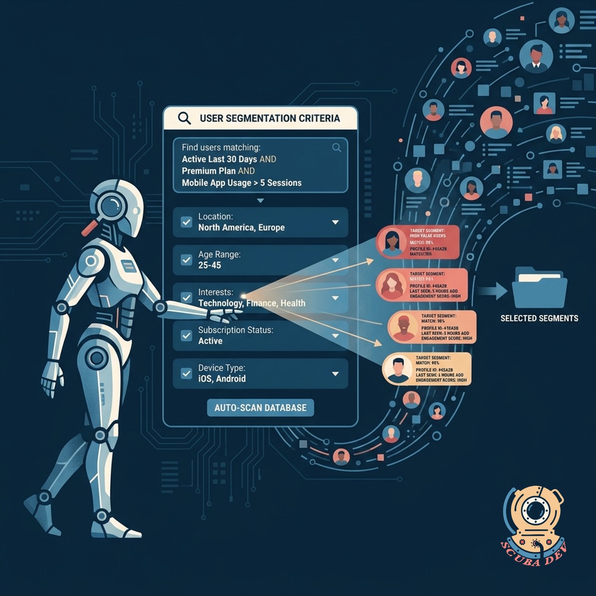 A database view showing user profiles being filtered based on specific usage metrics and demographic criteria.