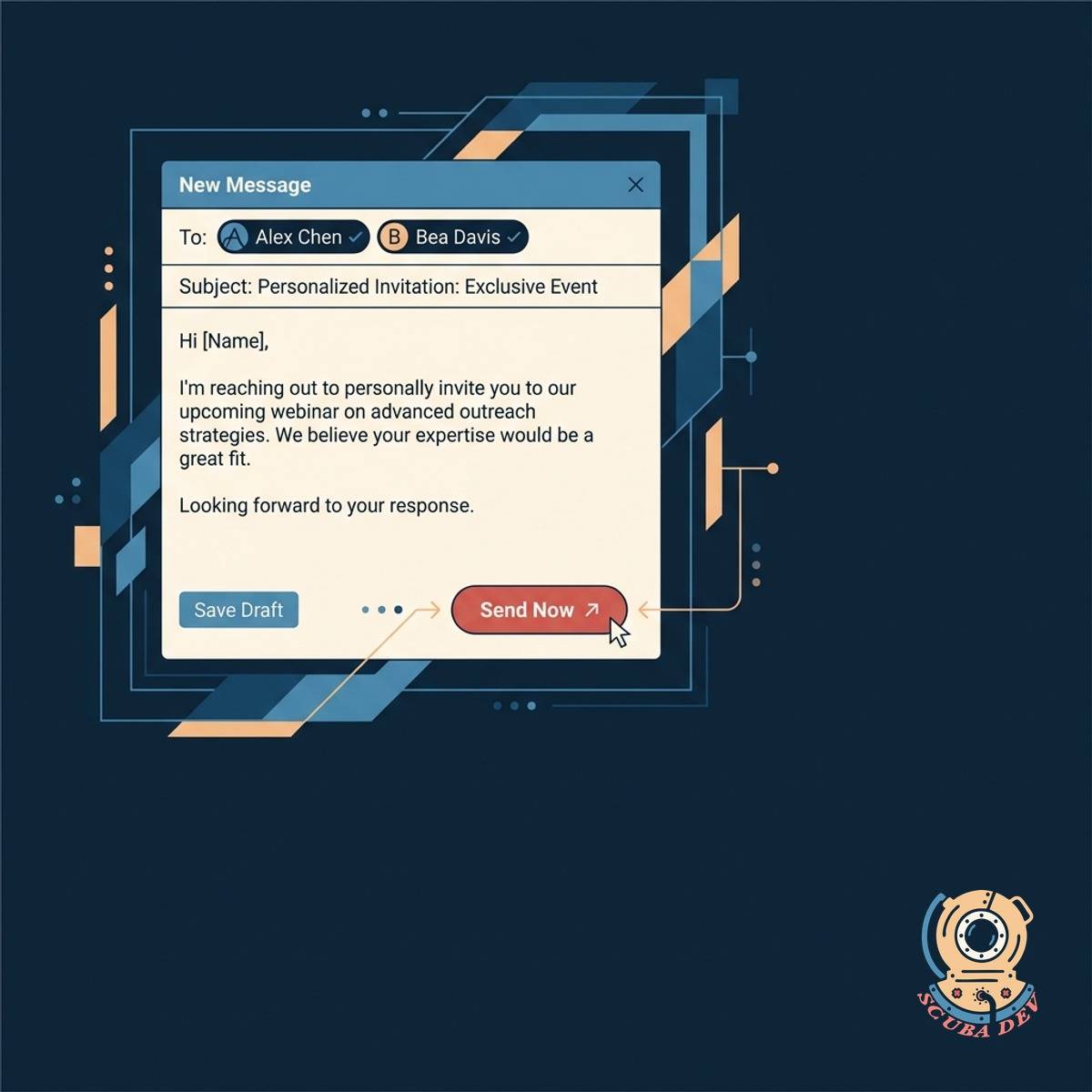 An email composition window showing an automatically generated invitation for a customer research interview.