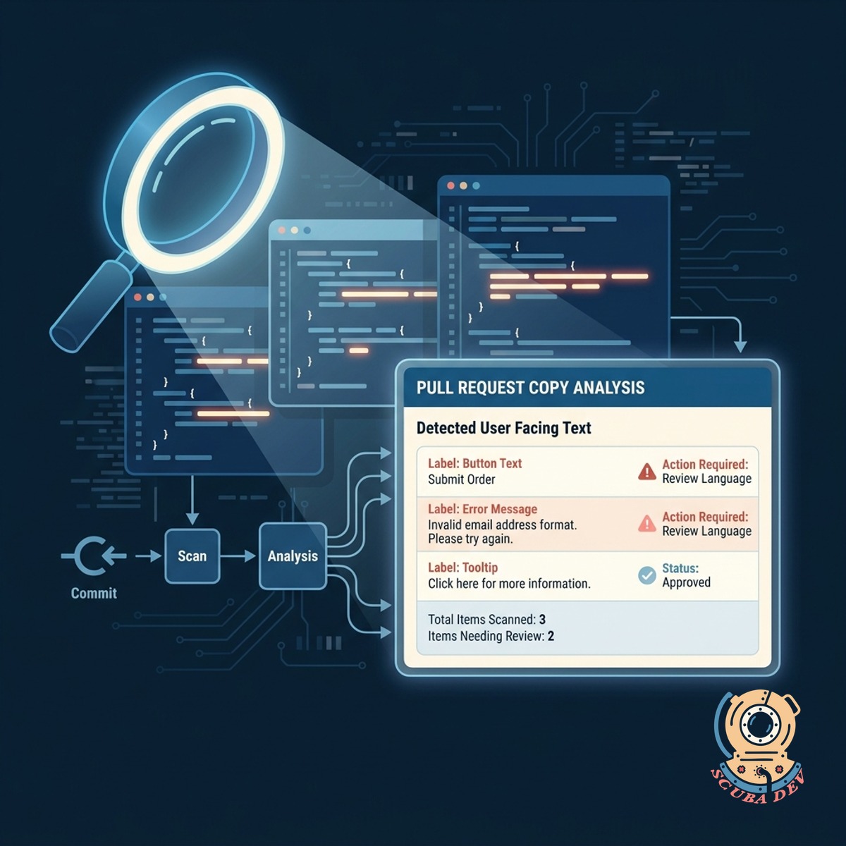 A diagram showing text strings being pulled from a design file and organized into a searchable list with visual previews of the interface.