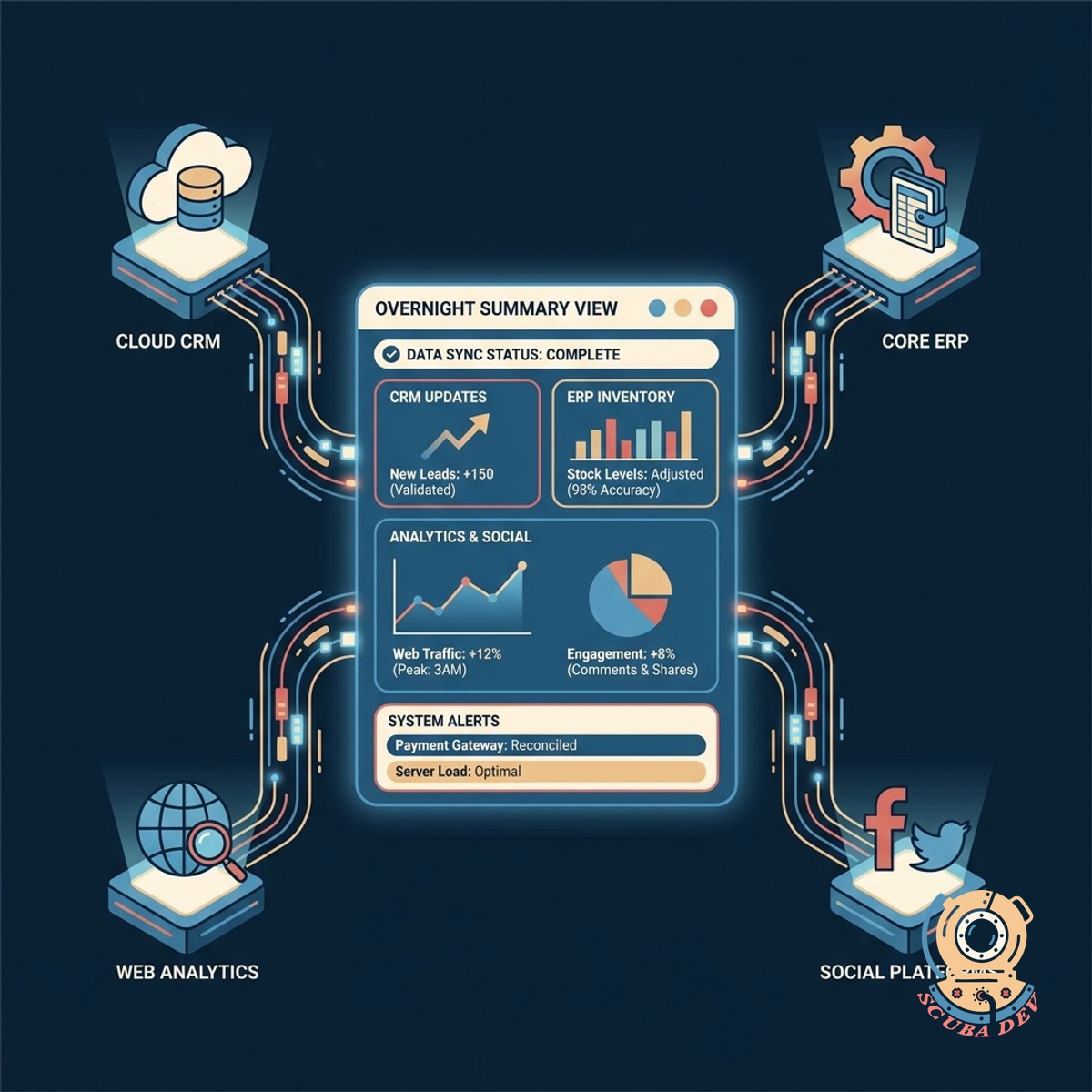 A diagram showing data flowing from Jira Stripe and GitHub into a single consolidated daily report document.