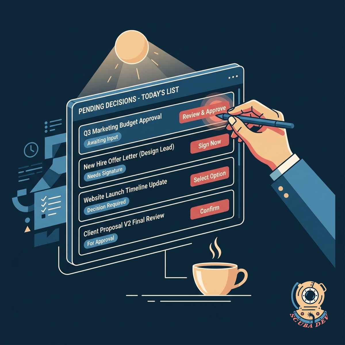 A checklist interface within the report showing three pending decisions with direct links to approve or reject them.