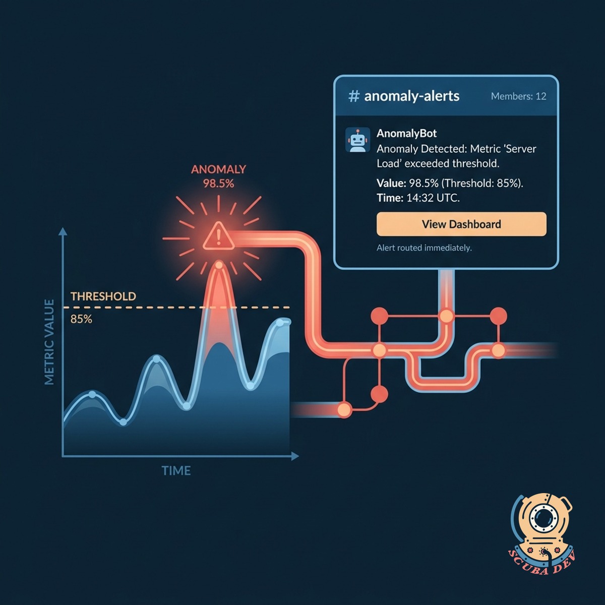 A Slack interface showing an automated alert message about a sudden spike in website traffic.