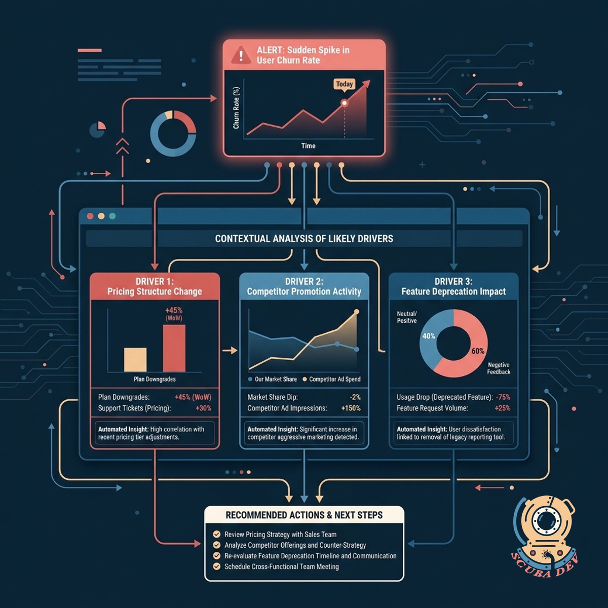 A detailed breakdown panel within a Slack message showing the root cause analysis and related metrics for an anomaly.