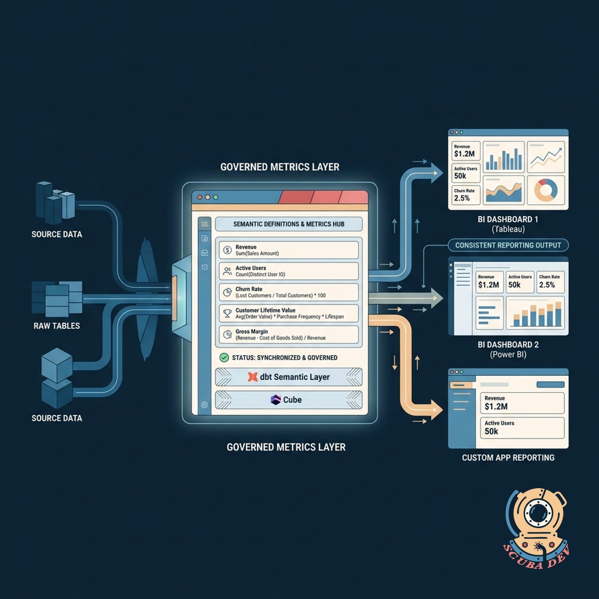 A diagram showing a governed semantic layer feeding standardized metrics into various self serve reporting dashboards.