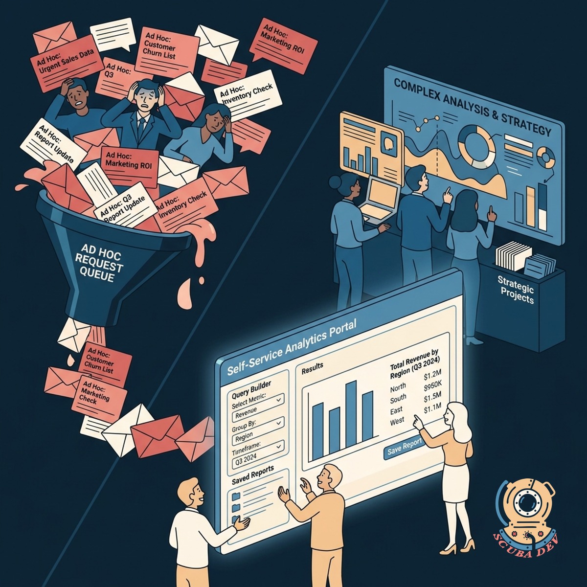 A split screen showing an empty data team request queue and a business user confidently viewing their own custom report.