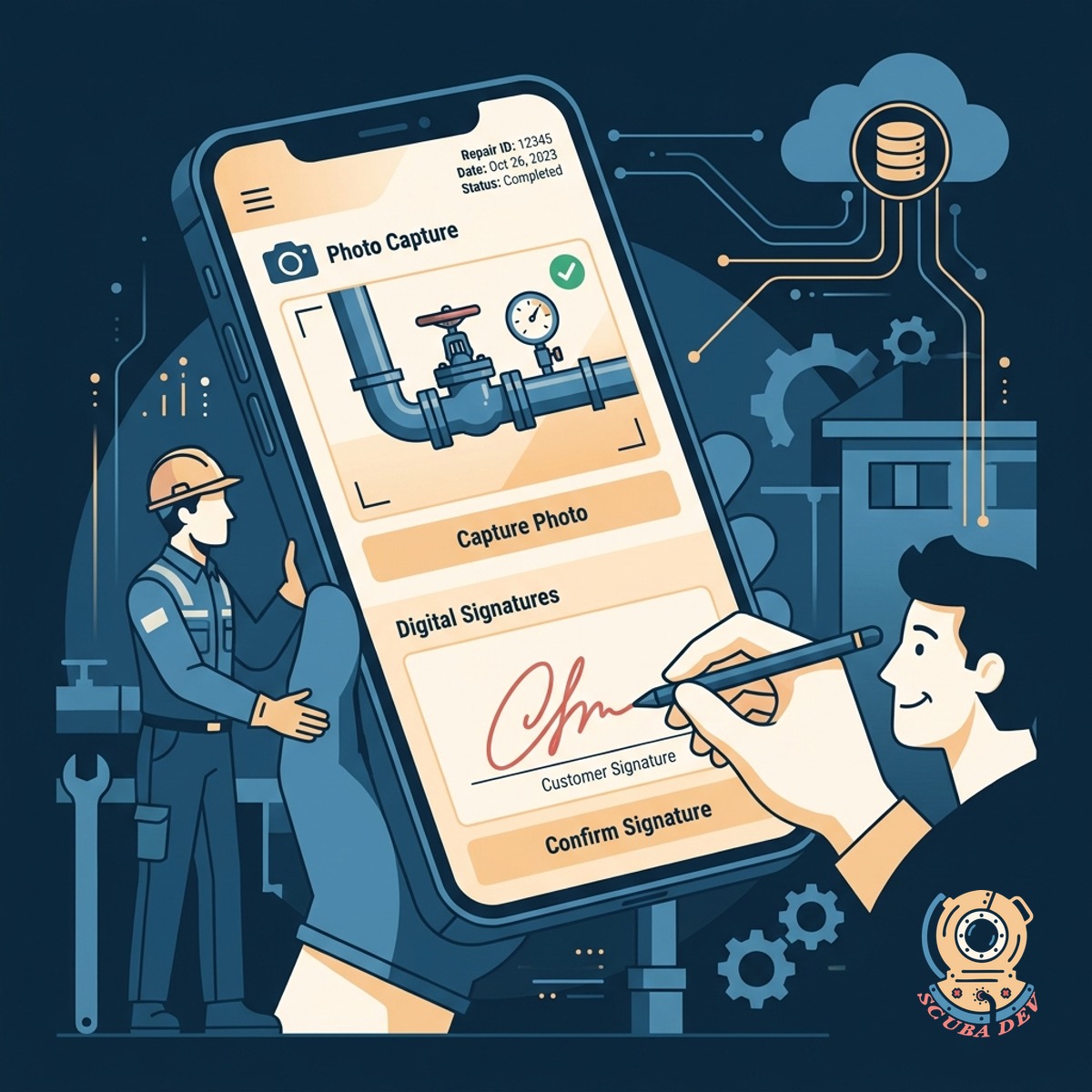 Technician app showing a completed job summary with a captured photo and a customer signature block.